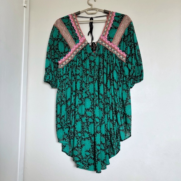 Free People Moon Child Maxi Top Size Small Green Bohemian Flowy Crochet Trim - Picture 7 of 13